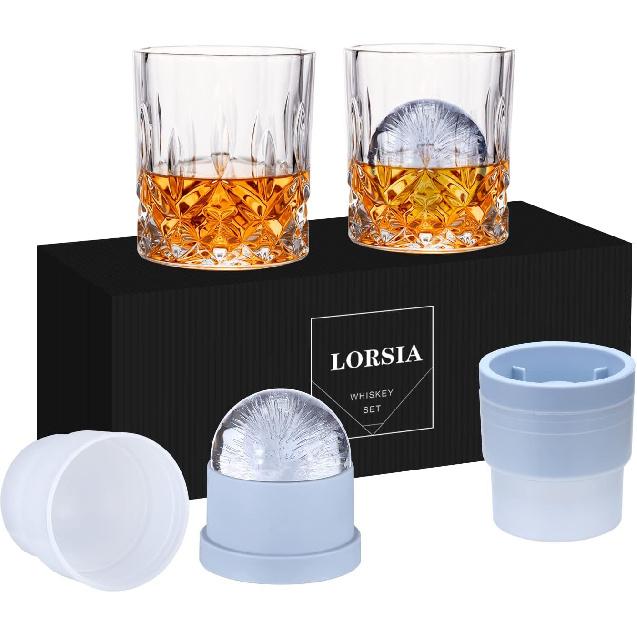 Whiskey Rocks Glass, Set of 4 (2 Crystal Bourbon Glasses, 2 Round Big Ice Ball Molds) In Gift Box - 10 Oz Old Fashioned Glasses for Scotch Cocktail