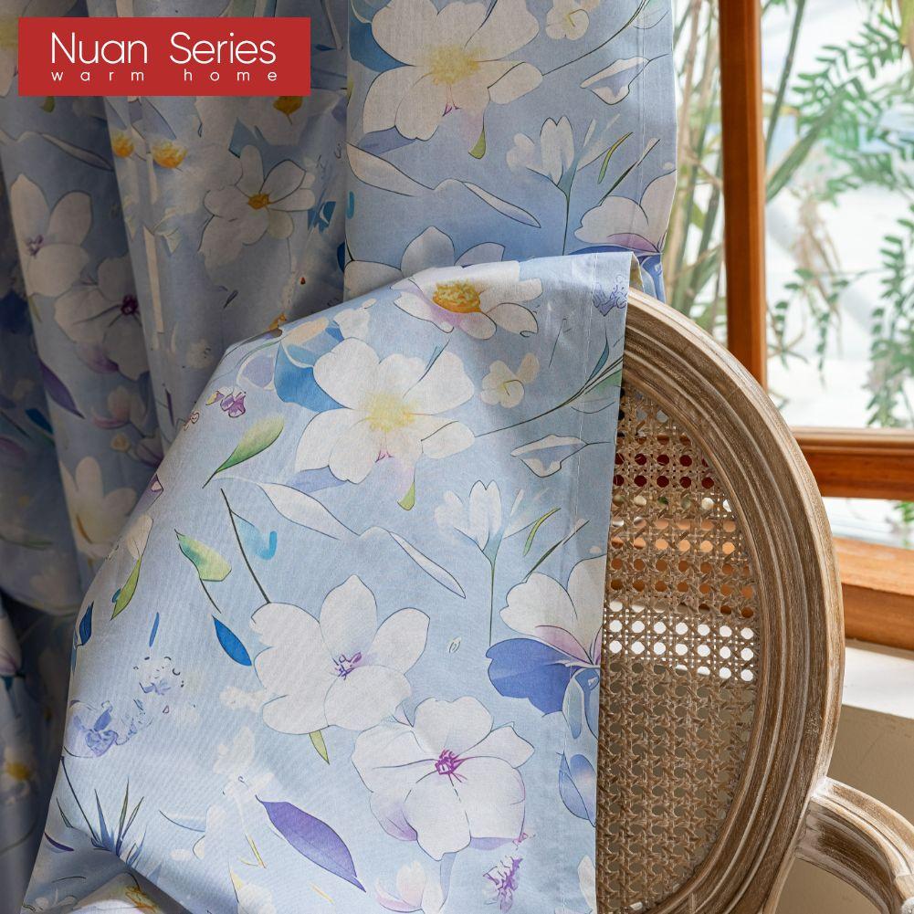 1PC Nuan Series Nordic Countryside Style Blue Printed Curtains with Full Blackout Curtains for Bedroom Living Room Balcony Window for Home Decor