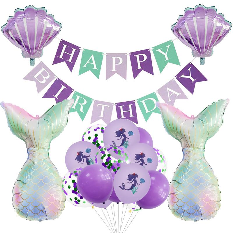 

23Pcs mermaid print latex balloon aluminum film fishtail sequins birthday flag party scene arrangement Mermaid Balloon Set A