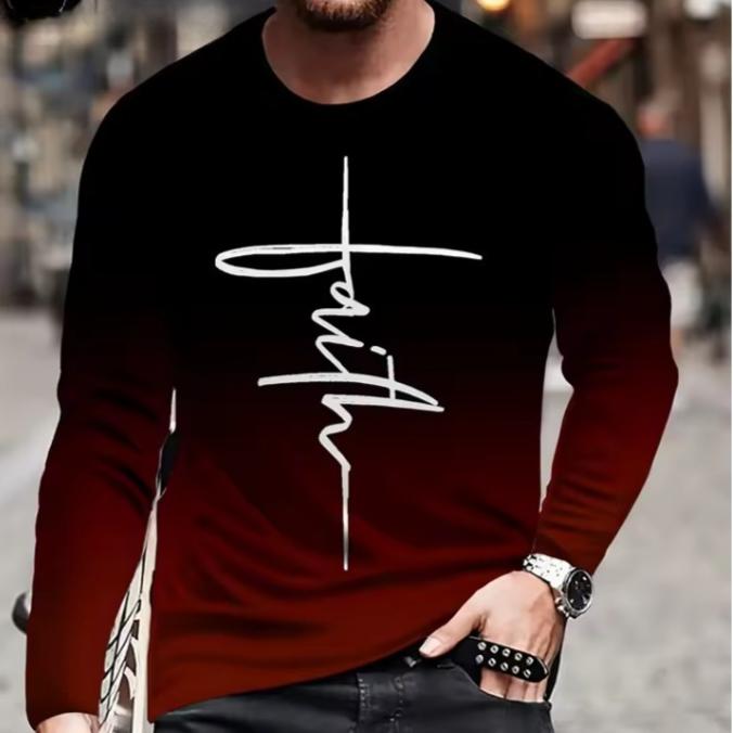 Alphabet Print Men's Clothing Round Neck Men's Long Sleeve T-shirts for Men Harajuku T Shirt Men Gradient Men's Clothing