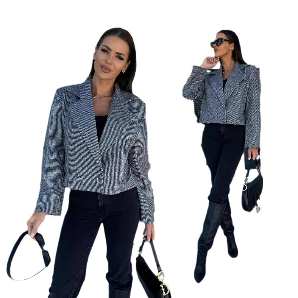 Evropský a americký dámský podzim/zima 2024 kabát krátkého střihu s límcem ve stylu britského vlněného blejzru