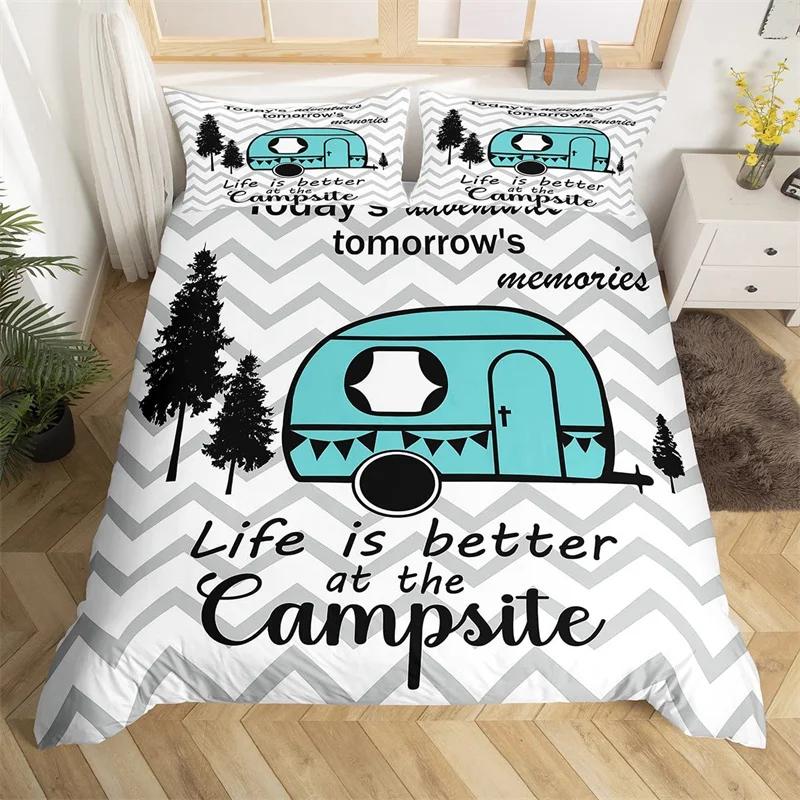 Camper Bedding Set Vintage Cabin Twin Full King Duvet Cover Cartoon Camp Travel Car Quilt Cover Farmhouse Style Comforter Cover