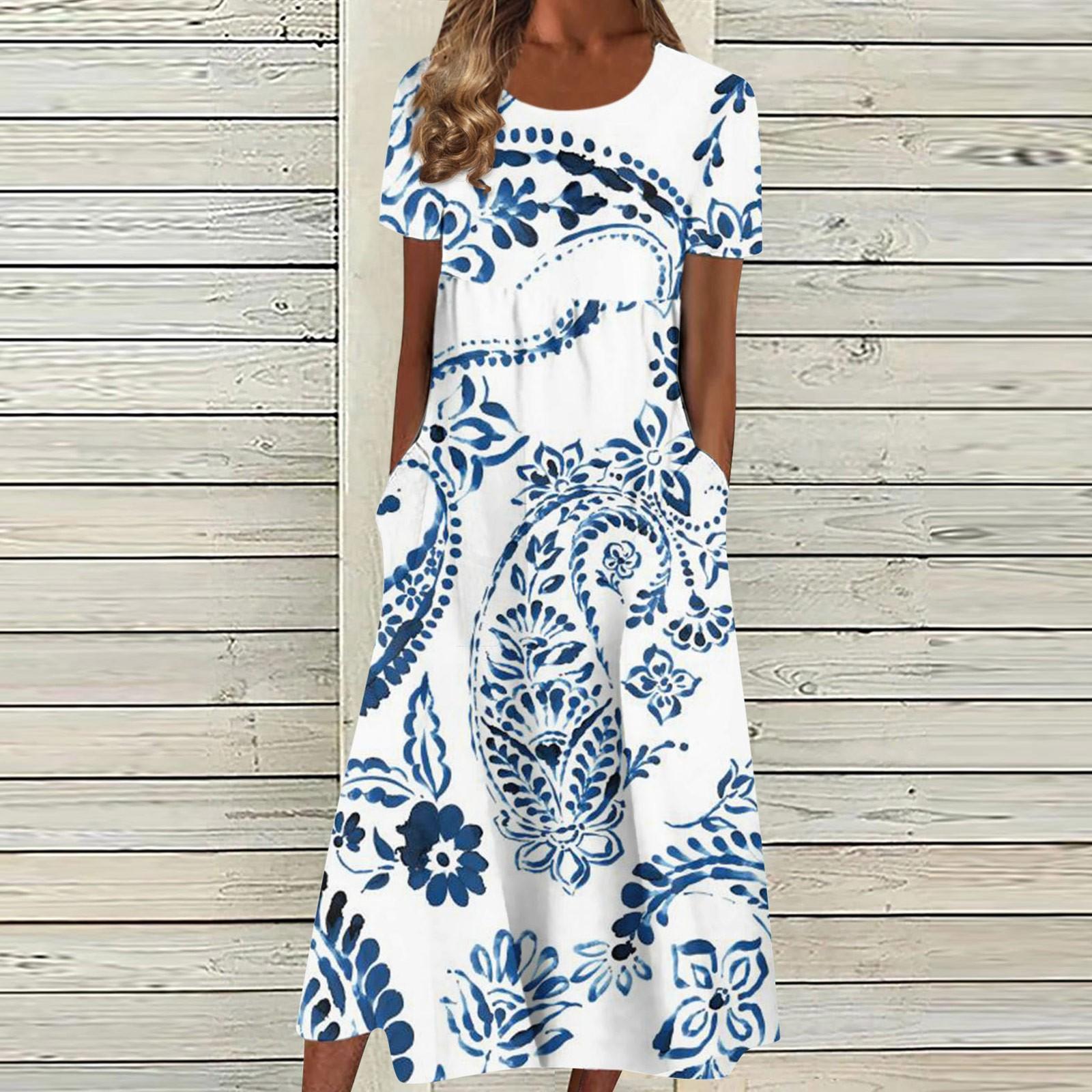 

Женское летнее повседневное модное платье с коротким рукавом и карманом с круглым вырезом M белый