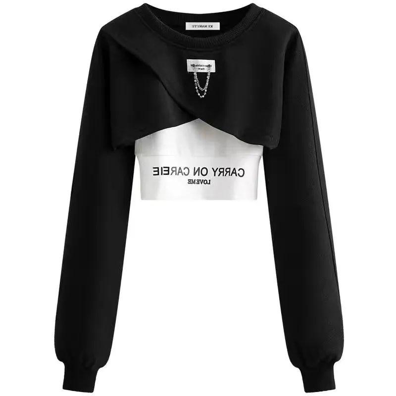 Lente Herfst Dames Mode Crop Sweatshirt Letter Sling Print Broek 1 of 3 Delige Set Dames Cool Streetwear Outfits Tops Broeken