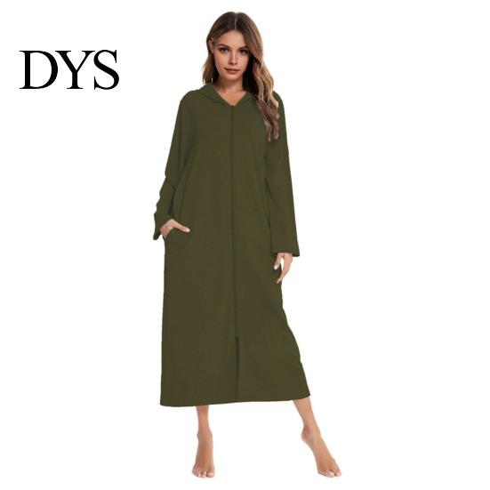 Sleep Dress Women Zip-up Nightgown Long Sleeve Loose Pure Color with Pockets Two Pocket Mid-calf Length Hooded Loungewear Daily Wear Home Bedroom Use