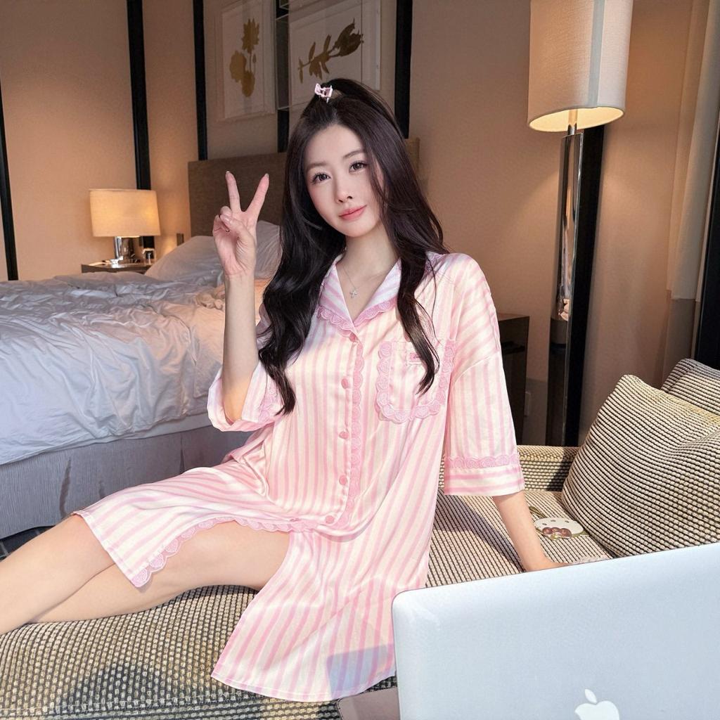 Spring and Summer New Love Striped Ice Silk Pajamas Women's Loose Fashion Shirt Skirt Short Sleeves Sweet Age Reduction Relaxation
