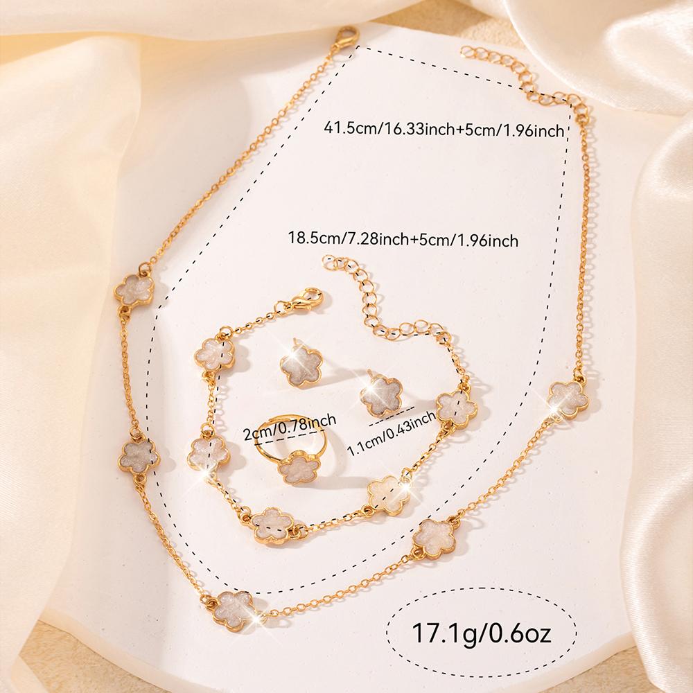 5-piece Set Of Women Five Leaf Clover Flower Necklace Ring Bracelet Earring Set Fashionable Simple Elegant Exquisite Accessories