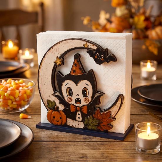 Office Desk Organizer Halloween Wood Napkin Holder, Rustic Ghost Skeleton Owl Pumpkin Dispenser, Wooden Dispenser Vintage Tabletop Standing