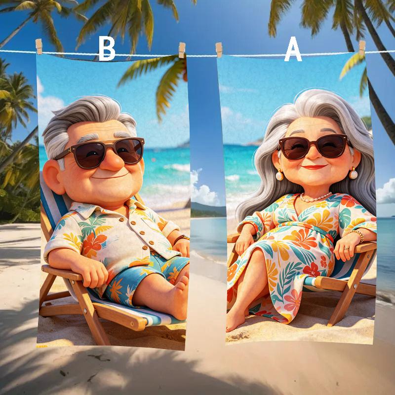 2pcs Cute Cartoon Elderly Couple Beach Towel Set, Fun Seagull Vacation Themed Quick Dry Beach Blankets