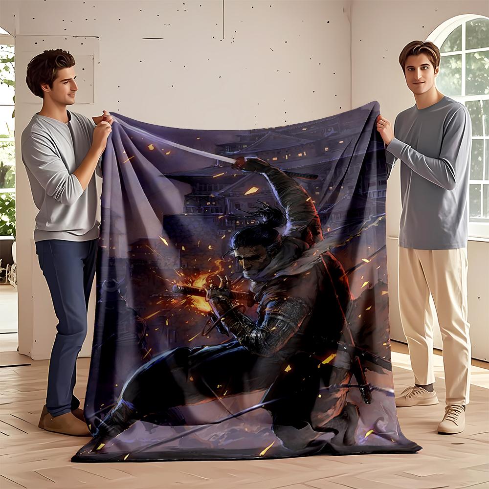 Samurai Warrior Amid Flaming Battlefield Flannel blanket for bedroom, living room, sofa, and nap sofas.