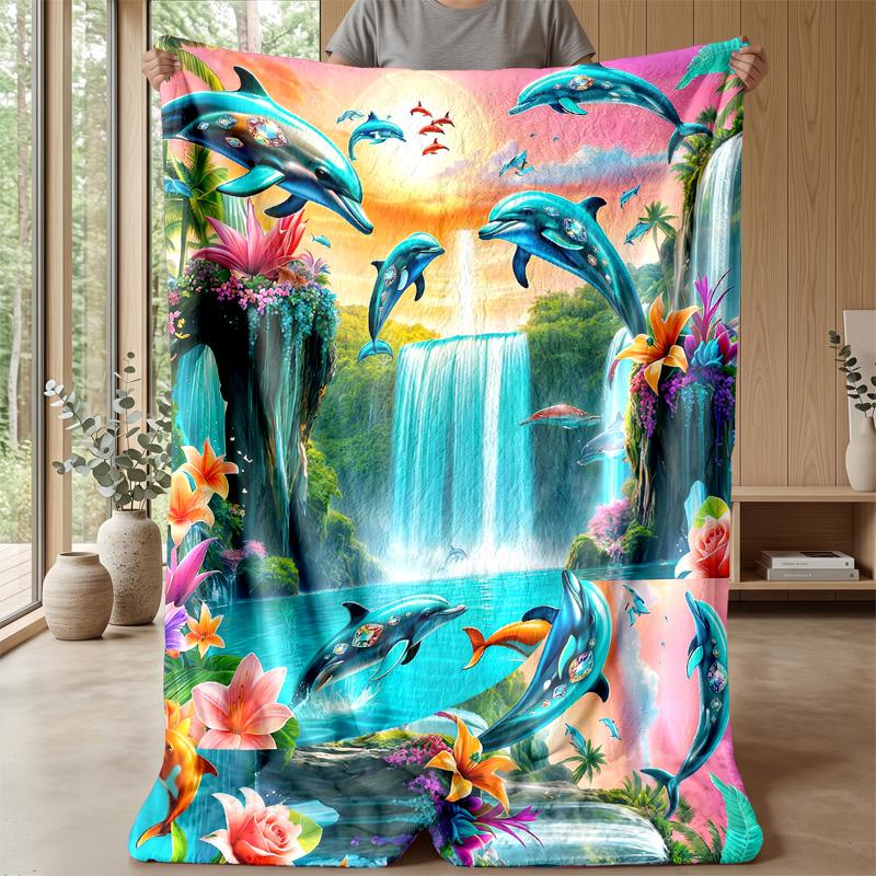 Dolphins in Heartful Ocean Theme blanket Lightweight Warm Flannel Blanket Decorative Throw Blanket for Home Decoration