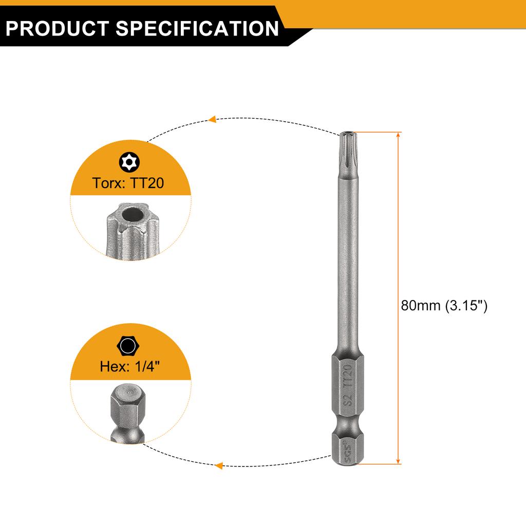 TT8-TT40 Security Torx Head Screwdriver Bit 3.15" Long 1/4" Hex Shank Magnetic Tamper Proof 6 Point Star Screw Driver Drill Bit