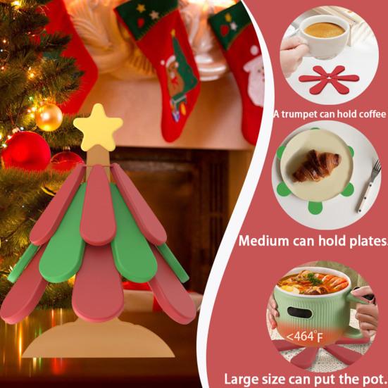 Christmas Tree Silicone Trivets Heat Resistant Pot Holders with Suction Base Festive Tabletop Ornaments Holiday Kitchen Decor