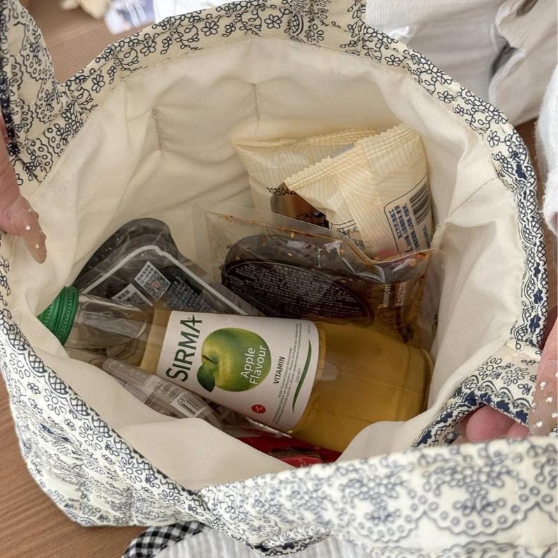 Quilted Cotton Women's Cute Flower Handbags Portable Ladies Small Tote Shoulder Bags Retro Design Casual Female Lunch Bento Bag