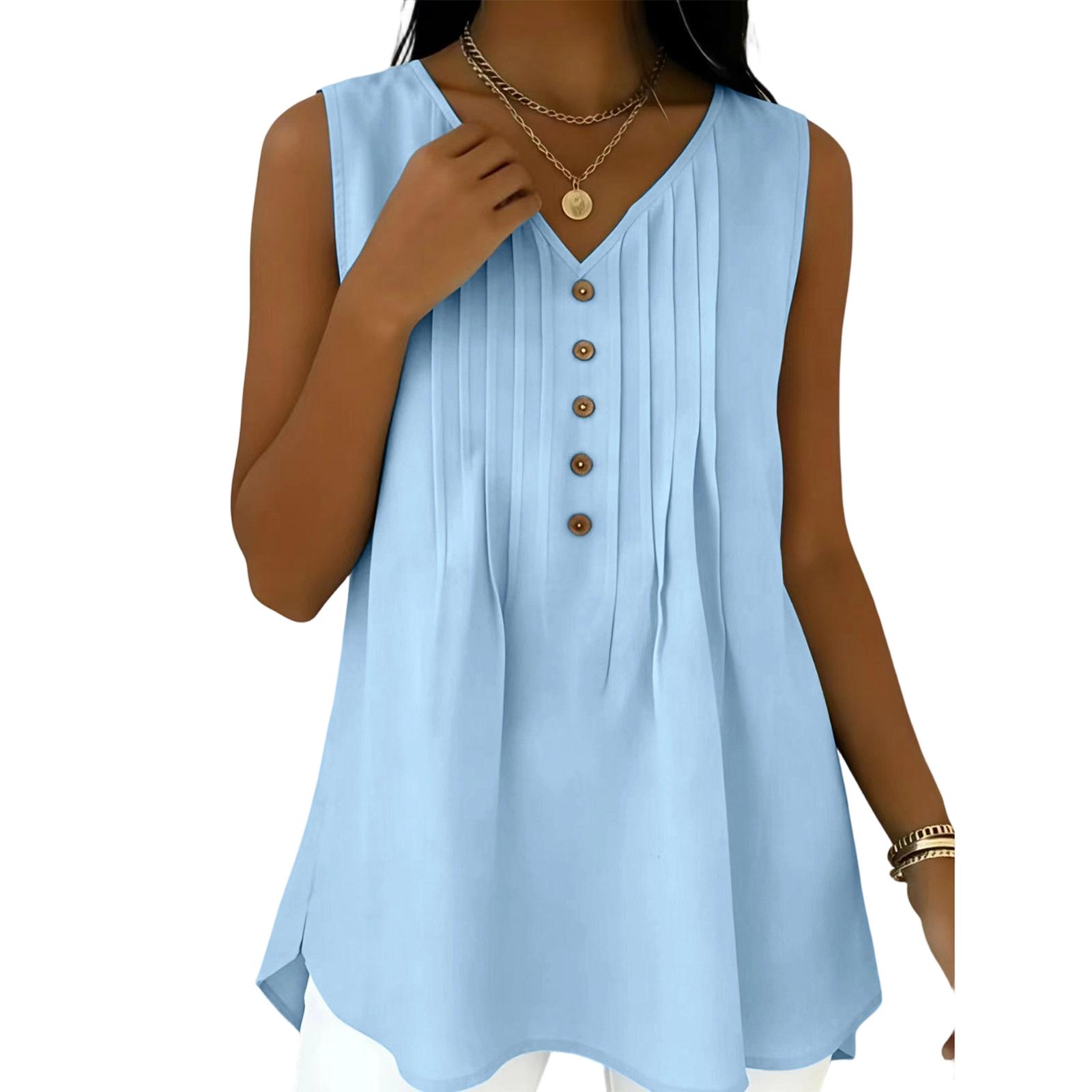 

Women s V-Neck Pleated -Color Sleeveless Top — Casual Vacation- Vest XXL