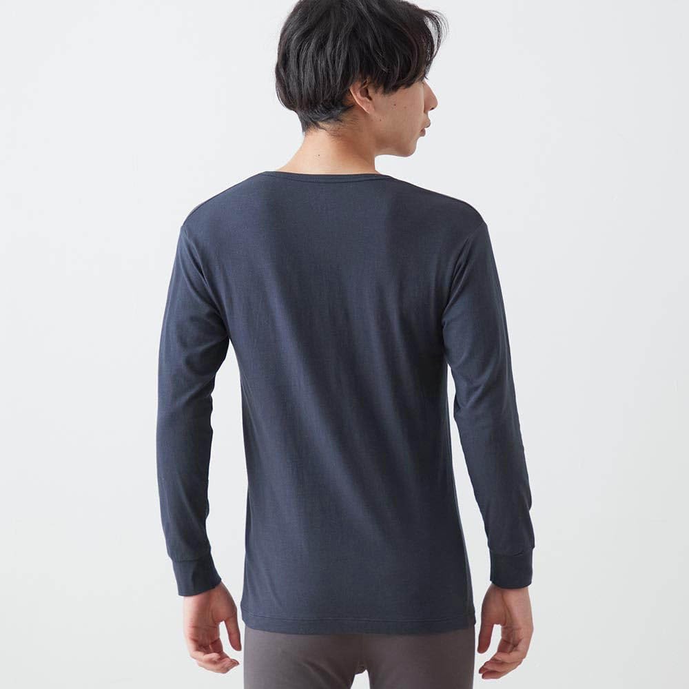 Belle Maison Long Sleeve Cotton Blend Warm Inner Night Size M Men's V-Neck Shirt, Hotcot, Navy,
