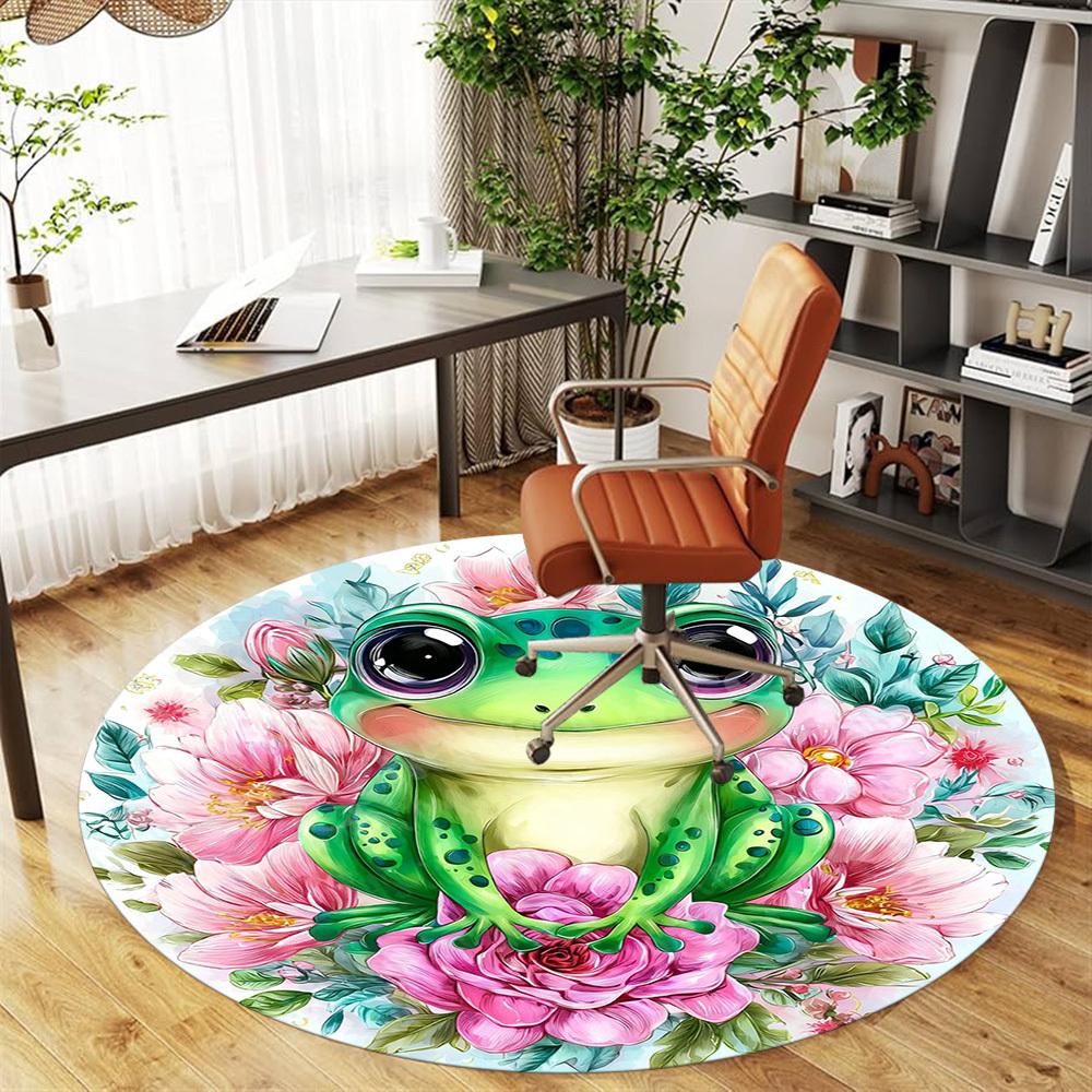 1PC Frog Flowers Office Round Area Rug, Under Office Chairs Bedroom Living Room Home Decor,Carpet for Office, -1110236