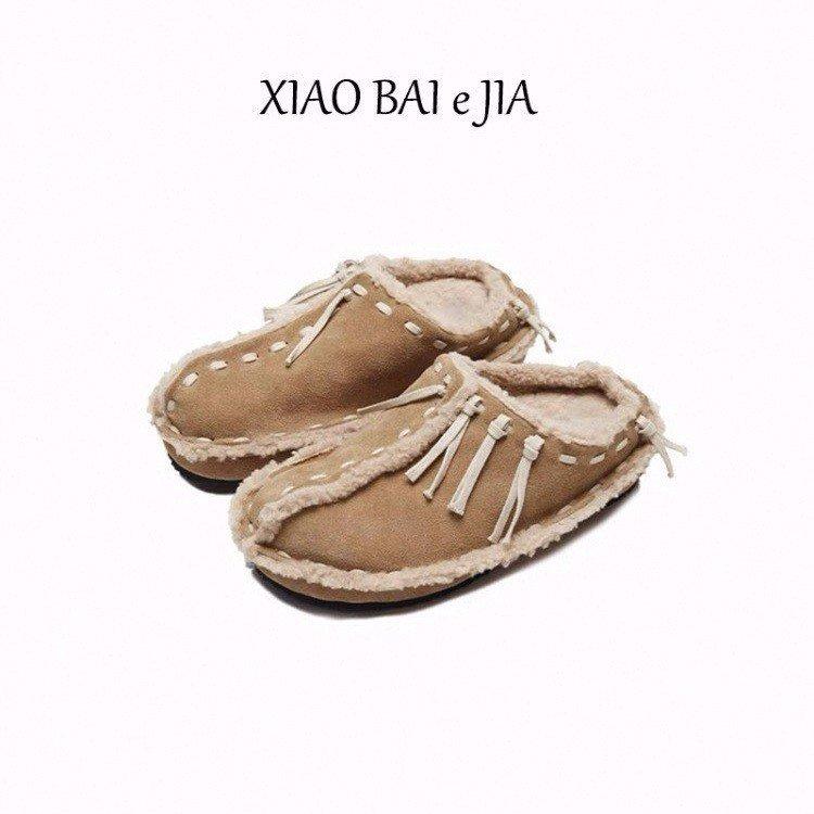 

[Warm Department] Cowhide version of retro bag head slippers women s new winter wear versatile velvet slippers 40 абрикосовый