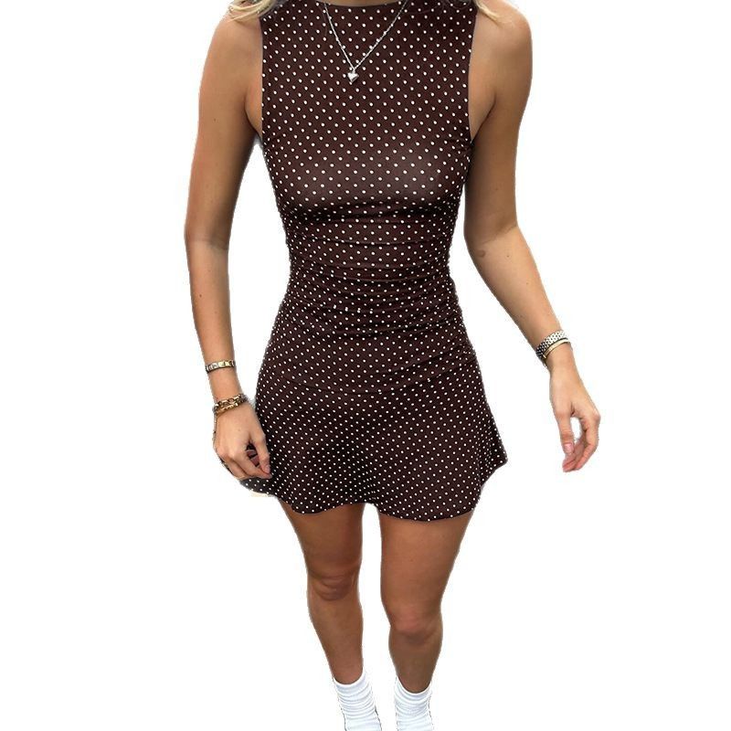 

and American Retro Style Foreign Trade Women clothes round Neck Waist Hugging Sexy Temperament Simple Light Luxury Fashion Polka Dot A Word Dress Brown XS