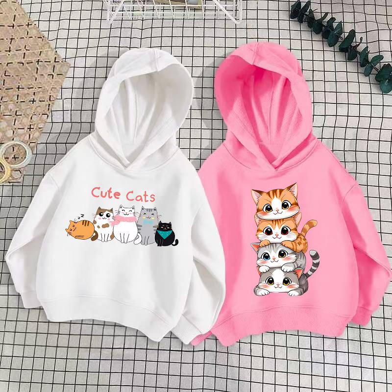 New Unisex Hoodie with Cat Print Long Sleeved Korean Version Children's Top and Stylish Pullover for Children's Clothing