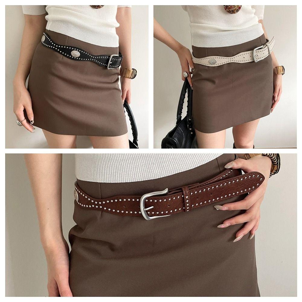 Y2k Wide Leather Waistband Maillard Punk Style Belt Retro Women Rivet Belt  Spicy Girls