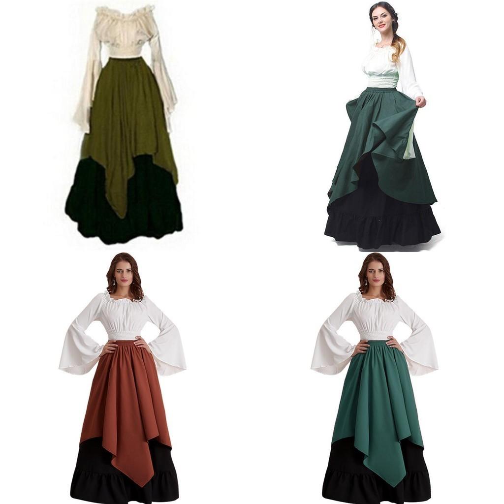 Europäisches Mittelalterliches Damen Halloween Cosplay Kleid Renaissance-Zeit Kostüm Zweiteiliges Set Blau Rot Grün Braun