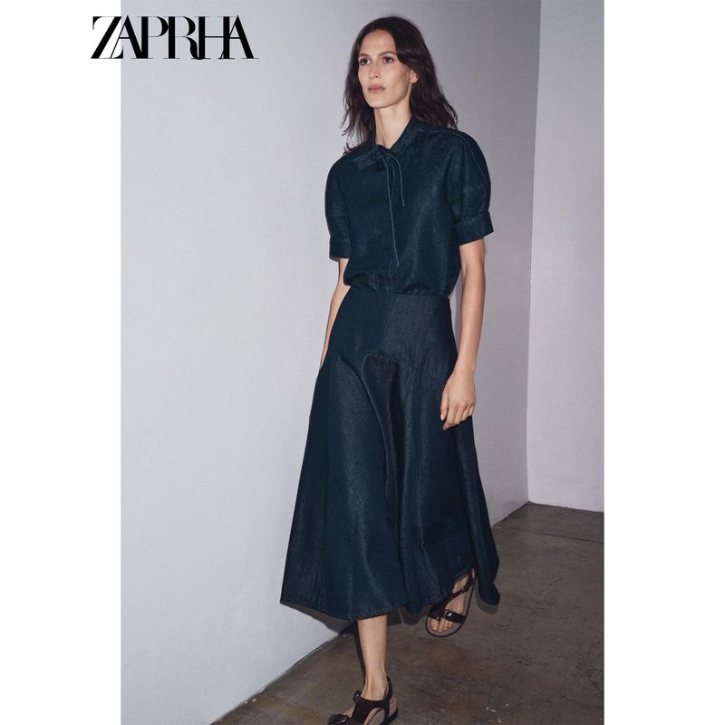 Zaprha 2025 Autumn New A Word Decorative Layer Wide Hem Mid Waist Denim Midi Skirt 9863244