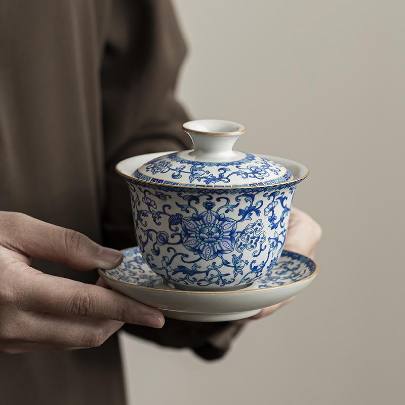 Ru Kiln Twined Branch Lotus Sancai Cover Bowl Chinese High-end Ceramic Tea Bowl Kung Fu Tea Set Cover Bowl Cup Single Tea Ware