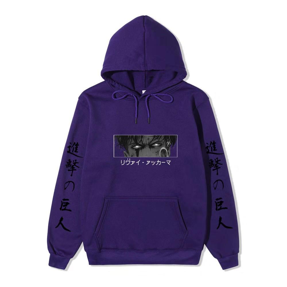 Anime Attack On Titan Levi Ackerman Hoodie, Double Sleeve Japanese Text Print Pullover Sweatshirt Long Sleeve Streetwear for Men Women