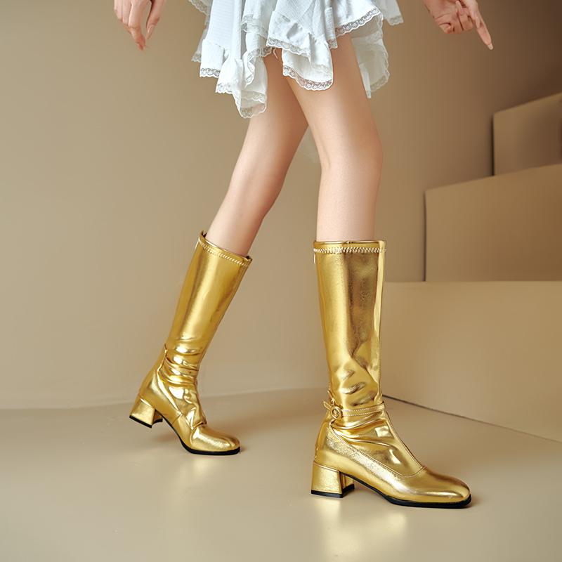 Plus Size Sewing Smooth Silver Upper Thick Heel Side Zipper Knee High Boots Square Toe Precise Style Long Boots