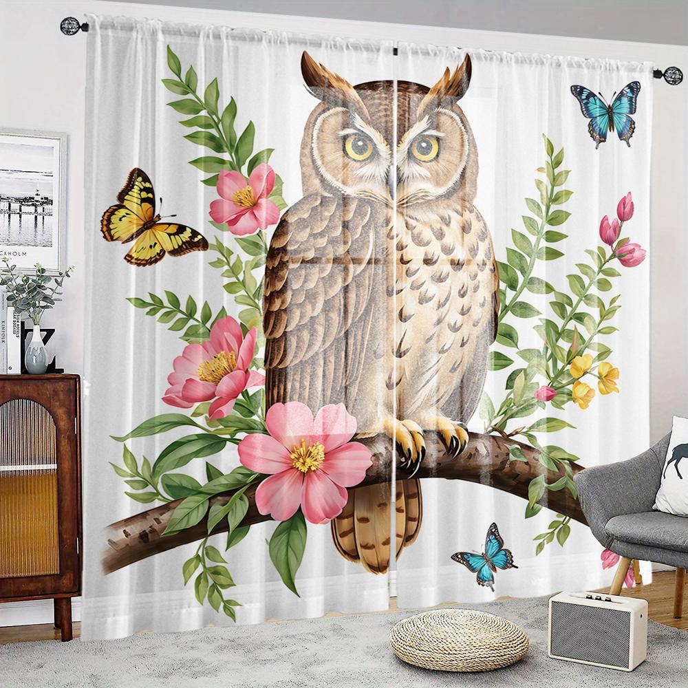 2 Pieces HD Digital Woodland Owl Printed Window Valance Home Decorating Style Decorating Living Room Bedroom Rodding Curtain Eff