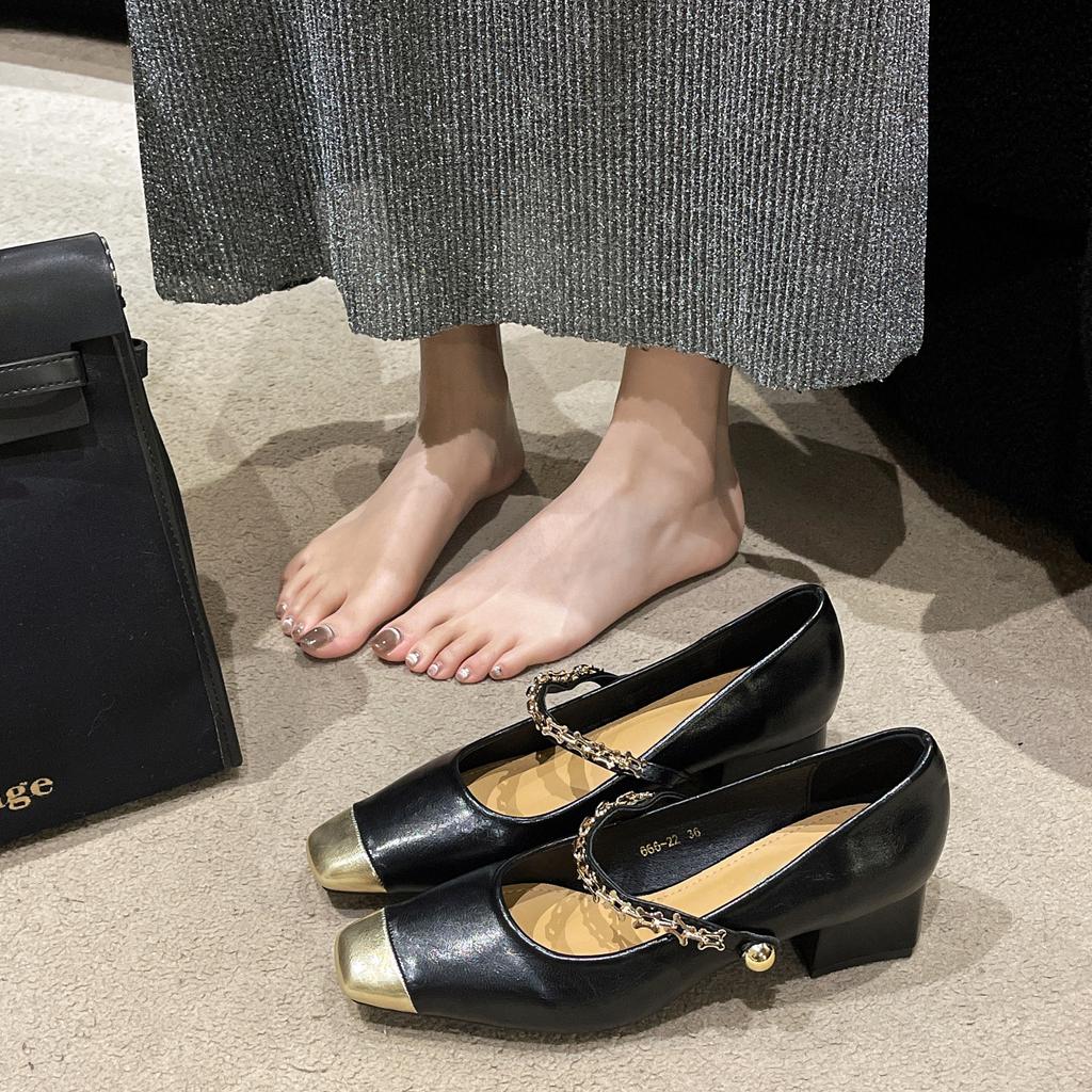 Color Matching Mary Jane Shoes Women's Xiaoxiangfeng Leather Shoes High Heels Single Shoes Women's 2025 New Golden Square Head 4cm Spring and Autumn