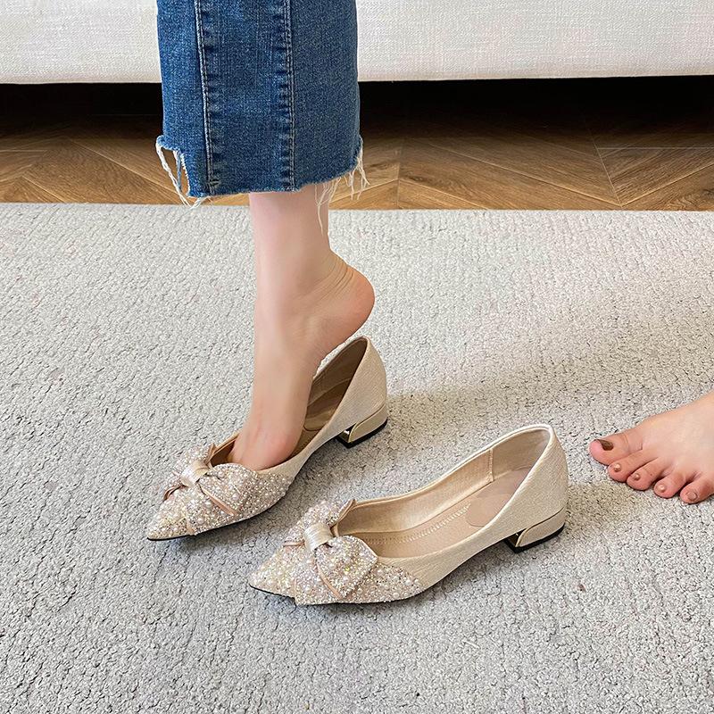 Spring and Autumn New Pearl Bow Pointed Head Low Heel Thick Heel Single Shoes Women's Shallow Mouth Flat Shoes Gentle Wind Versatile Women's Shoes