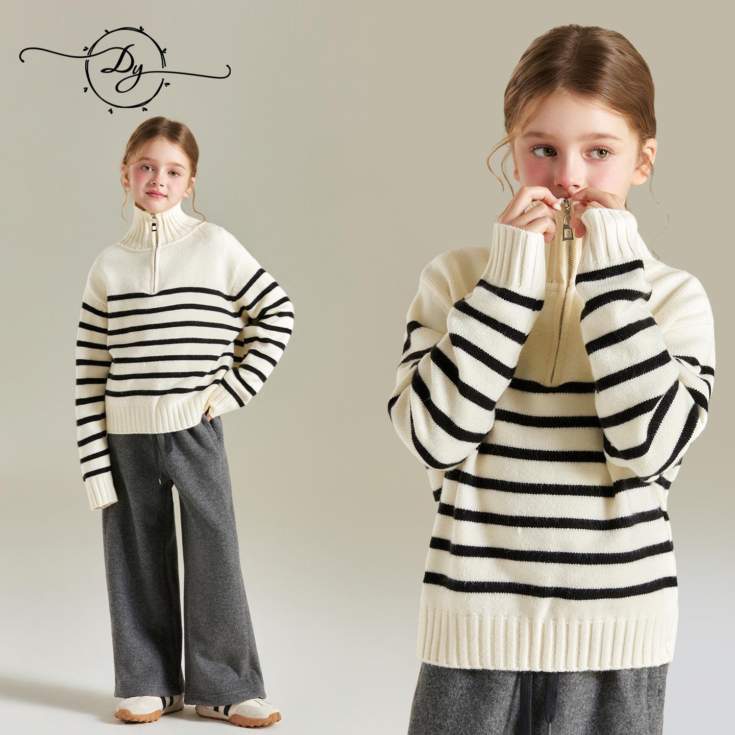 Женский ретро-свитер в полоску, мягкий, пушистый, с высоким воротником и молнией-полузастежкой, 2025 Осень/Зима, свободная вязка 140 cm грязно-белый