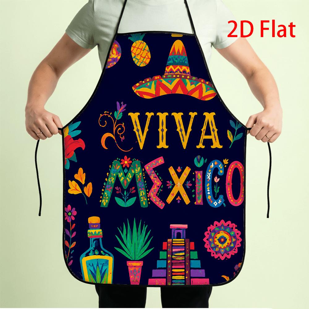 1pc 2D Flat Printing Viva Mexico Apron, Colorful Mexican Hat, Cactus, Tequila, Pyramid, Floral Pattern, Dark Blue Cooking Baking Chef Apron, Suitable