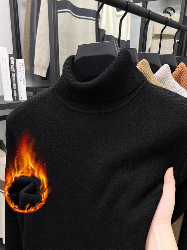 Men's Fashionable Thick Knit Pullover with Double-Fold High Neck, Fleece-Lined for Warmth, Solid Color, Perfect for Middle-Aged and Young Adults.