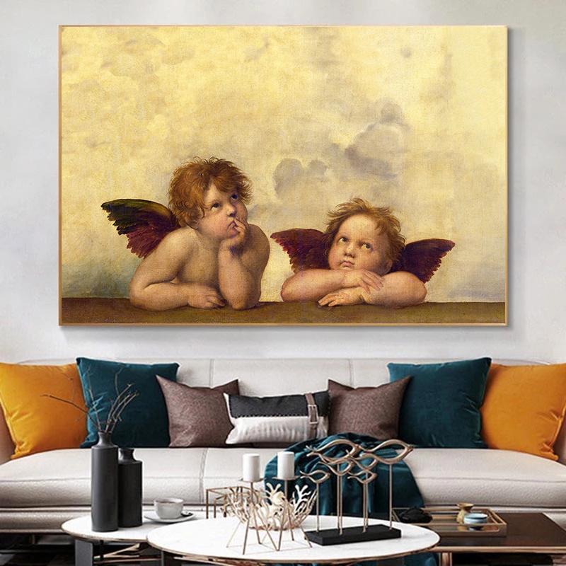 Raphael Klassisches Kunstwerk Sixtinische Madonna 90er Babyengel Poster Vintage Renaissance Leinwandgemälde Wandkunst Bilder Heimdekor