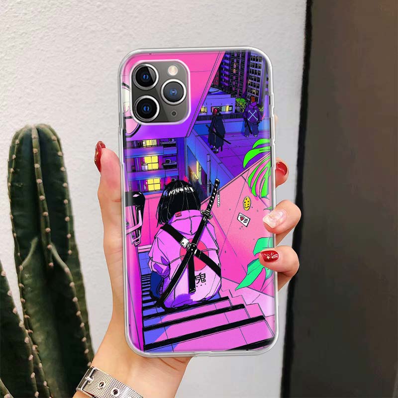 Anime Vaporwave Glitch Purple For iPhone 17 Air 16 15 14 Plus 13 Mini 12 11 Pro Max Phone Case 16E 7 Print 8 SE Fundas Cover Sof