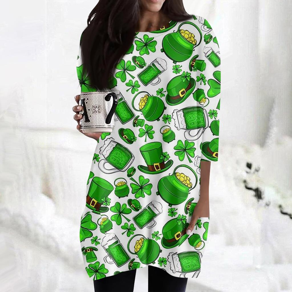 Women's  Casual 3/4 Sleeve Shirts Fashion St Patrick's Print Tunic Tops With Pockets