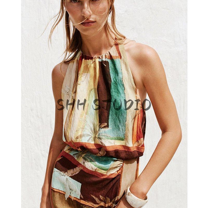 Summer Women's Round Neck Sleeveless Bowknot Decoration Tropical Style Print Midi Skirt Long Dress 8109360