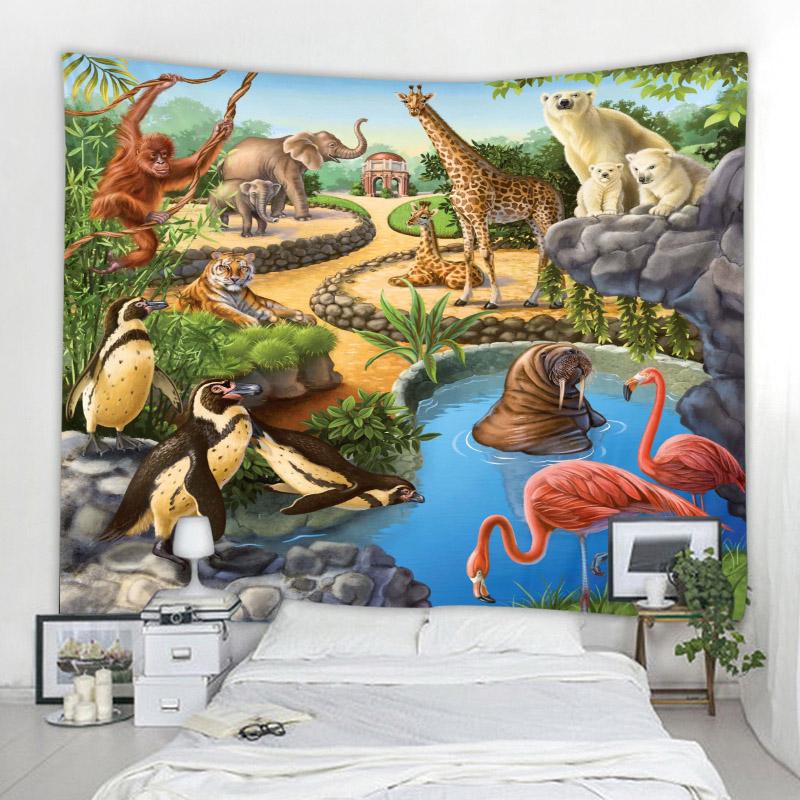 African Jungle Wild Animal Tapestry Rainforest Theme Wall Hanging Safari Animals Giraffe Elephant Tapestries For Boys Adults