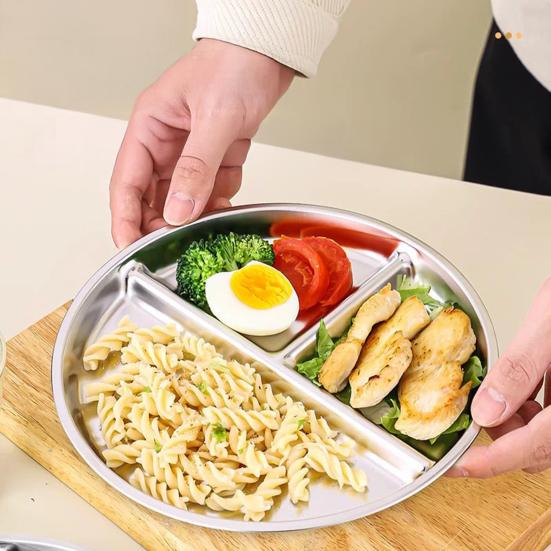 Stainless Steel Dinner Plates Silicone Suction Divided Serving Tray Stackable Breakfast Plates Kids Snack Tray Lunch Container for School
