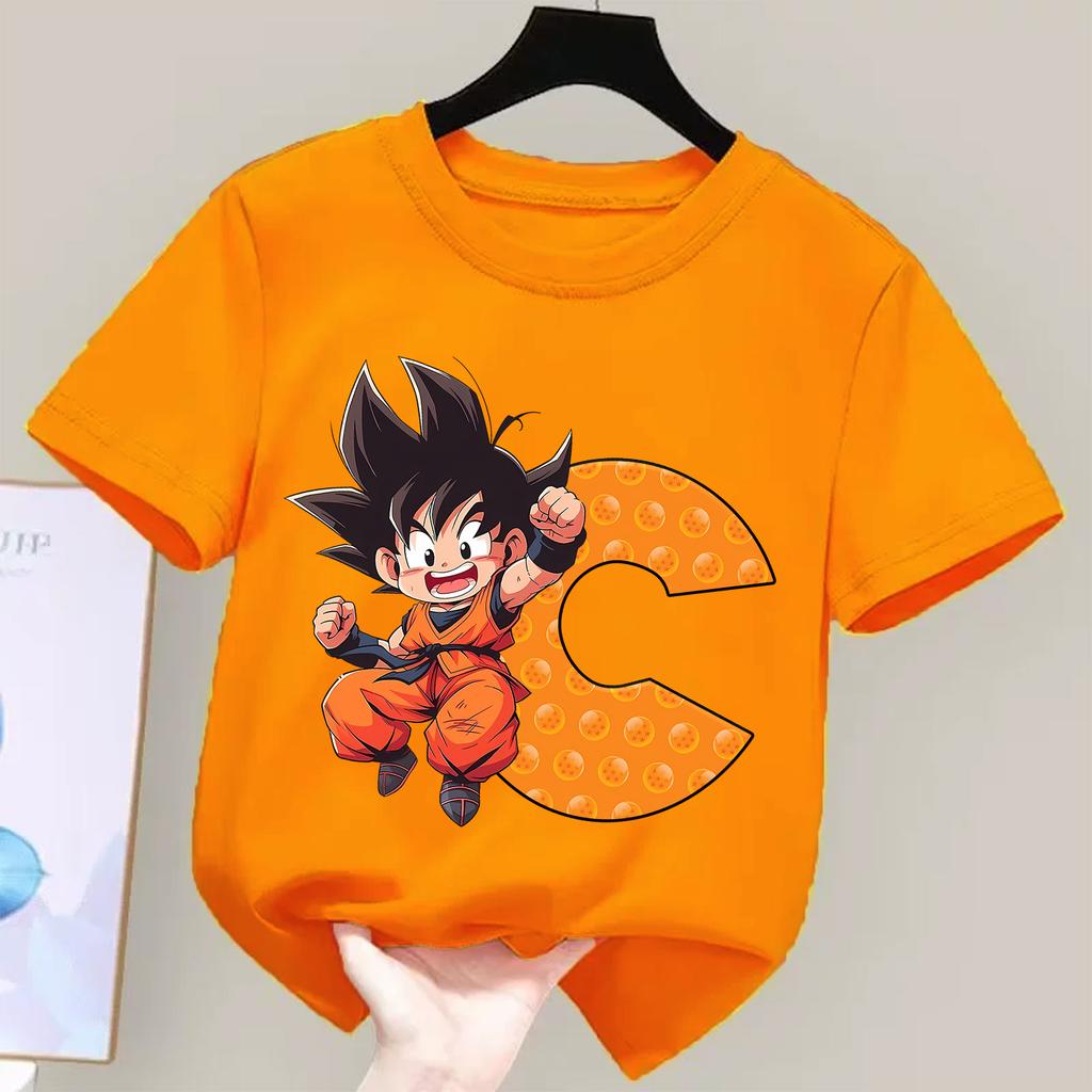 Dragon Ball Goku T-shirt for Children Cartoon A-Z Letters Tee Top Boys Girls Orange Clothes New Kids Short Sleeve Clothing Gift