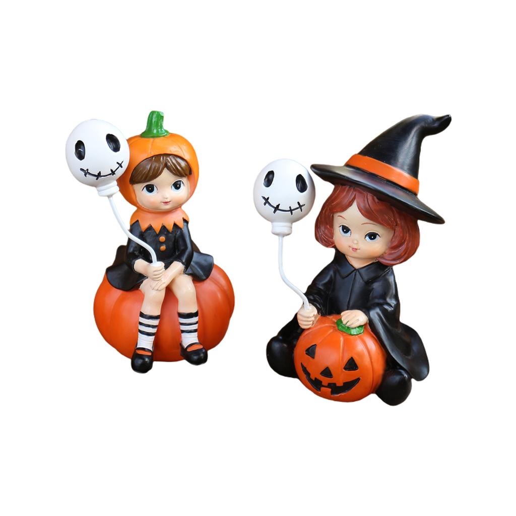 2pcs pumpkin witch sisters flowers, creative Halloween garden micro landscape scene layout, witch holding balloons, family gifts