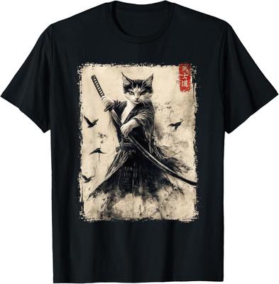 T-shirt Graphique Chat Samouraï Guerrier Art Japonais Vintage Anime T-Shirt Hommes Femmes T-shirts Haut