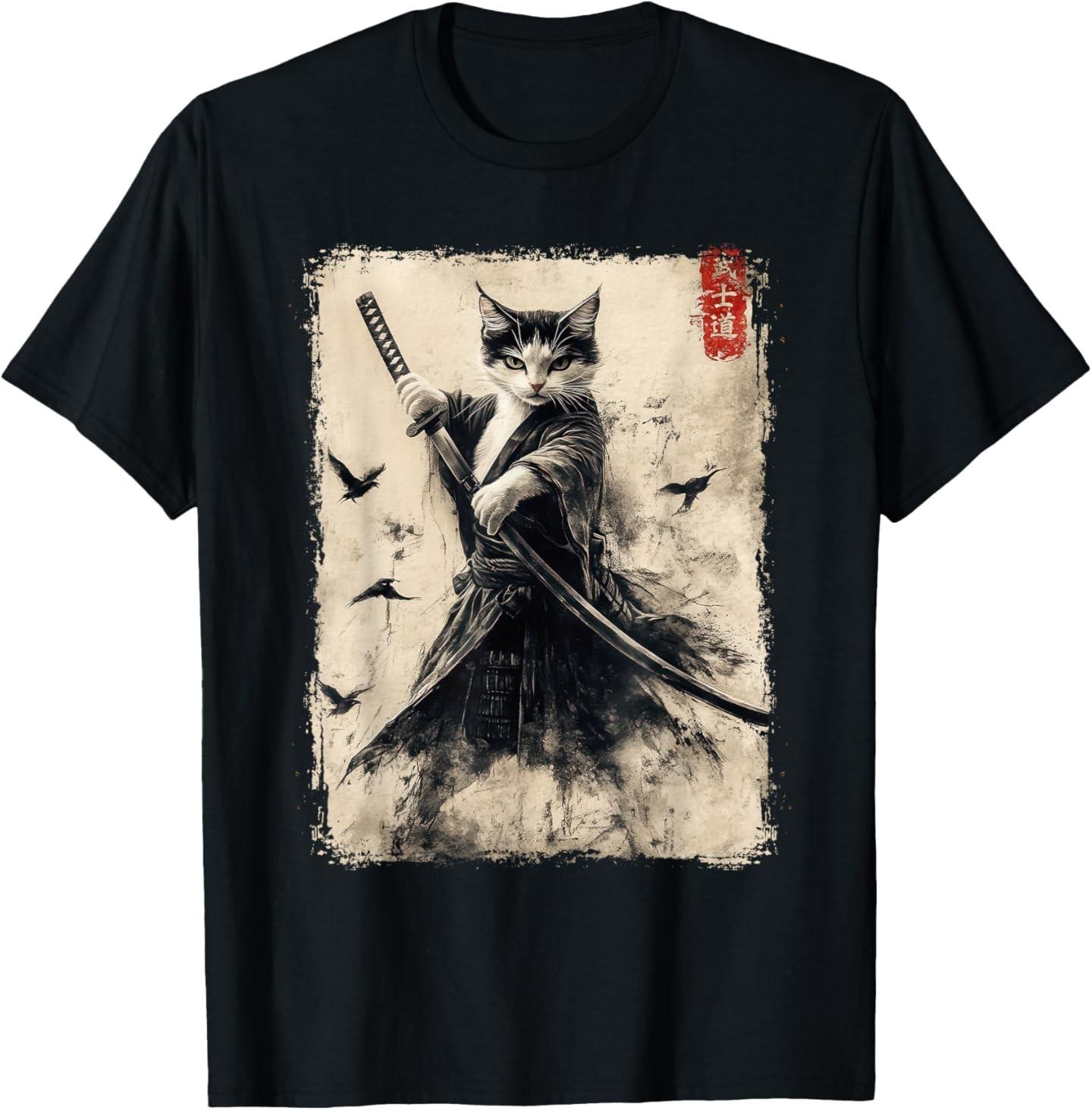 Samurai Cat Graphic Tee Warrior Vintage Japanese Art Anime T-Shirt Mens Womens Tees Top S