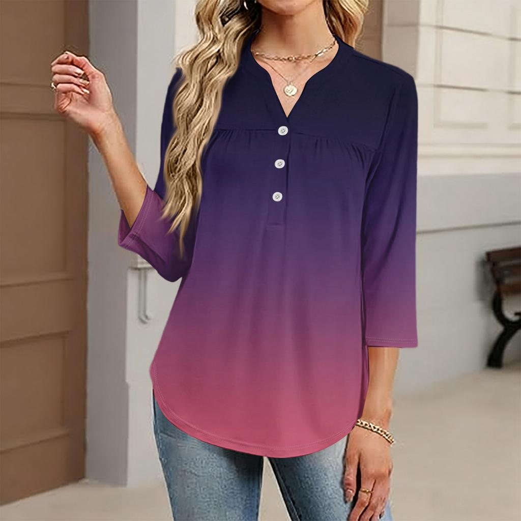 Women's Fashionable Casual Color Block Gradient Print V-Neck Button Three-Quarter Sleeve T-Shirt Top