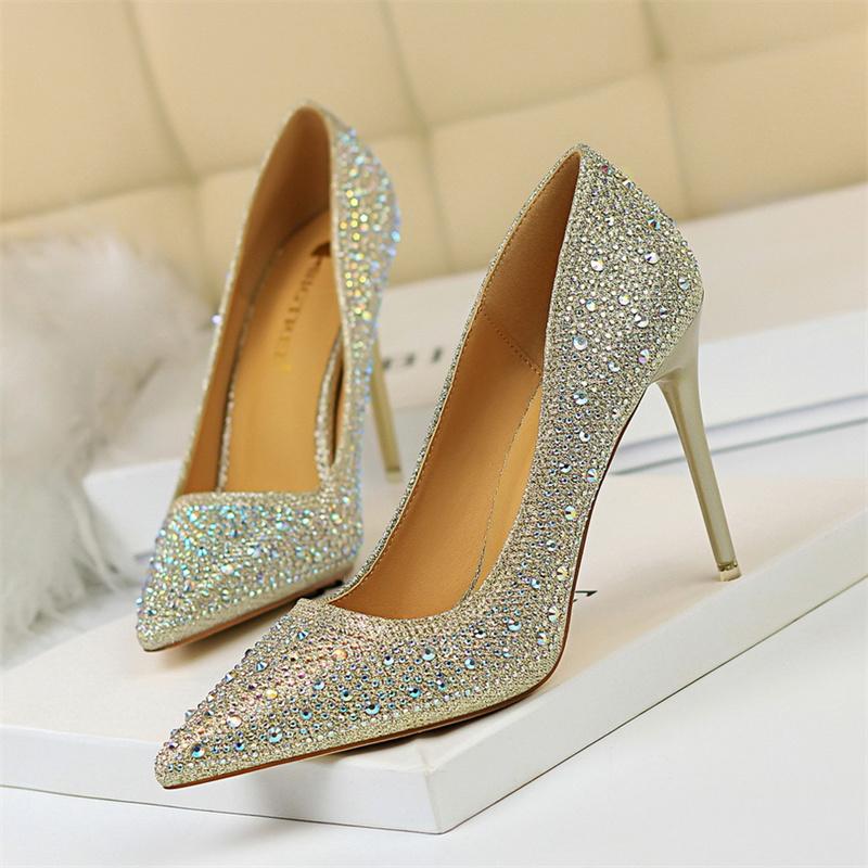 Fashion Shallow Mouth Pointed Color Rhinestone Pumps Fashion Wedding Party Women Sweet Pump Stiletto Thin High Heel Single Shoes