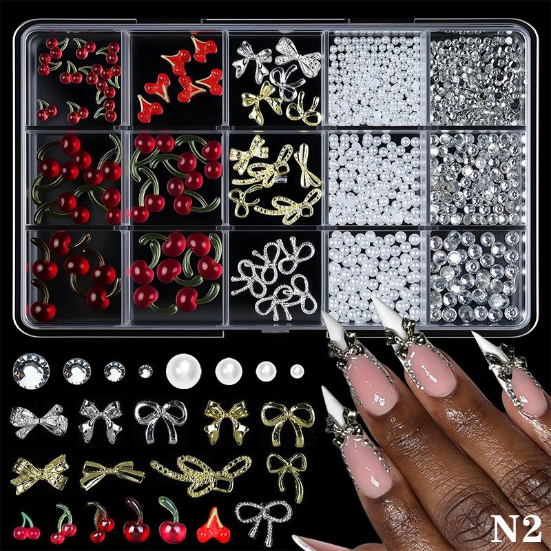 12/15 Grids/Box 3D Nail Art Decoration Kit With Resin Bowknot Pearls Heart & Assorted Shapes Kawaii Nail Charms DIY Manicure Art