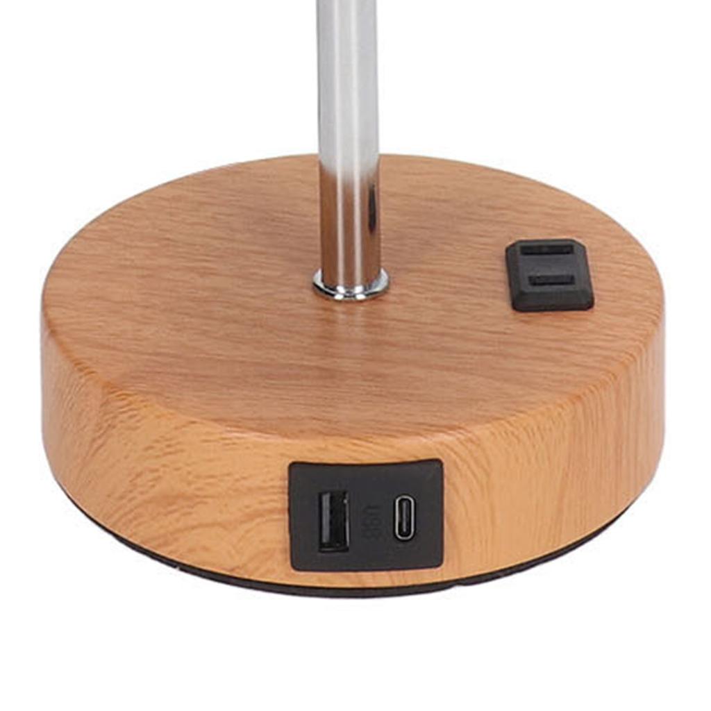 Touch Control Table Lamp Metal and Cloth USB Charging Three Gear LED Nightstand Lamp with Wood Grain Base for Bedroom  